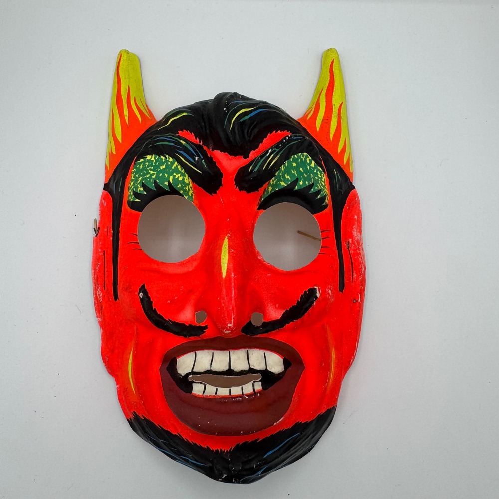 Vintage Hand Painted Red Devil Mask Halloween Folk Art Masquerade Decor